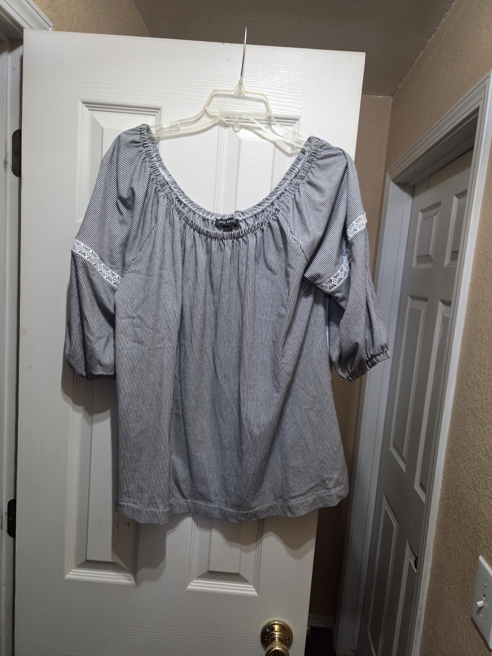 Lane Bryant Black Pinstripe Off-Shoulder Tunic